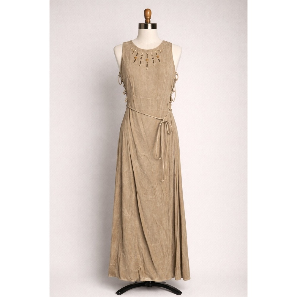 Vintage Panache Beige Beaded Lace Up Side Maxi Dress Womens 14 USA NWT‎ Boho...